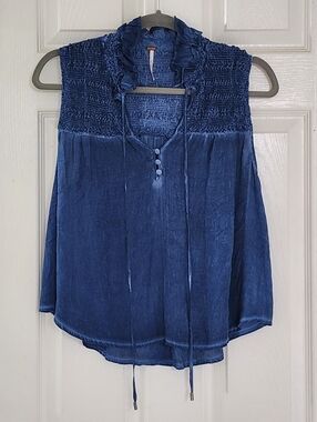 Free People Waiting For You Smocked Sleeveless Top Indigo Blue S